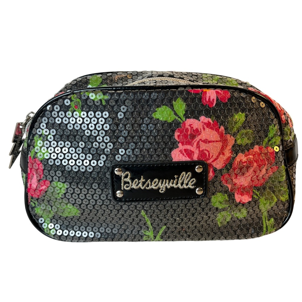 Betseyville by Betsey Johnson Floral Sequin Makeup Toiletry Bag Black Pink